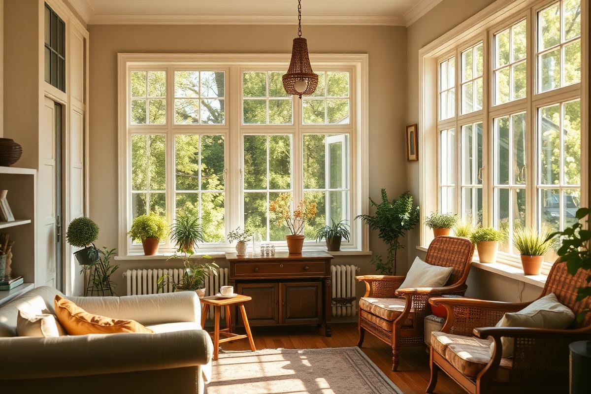 Gemütliches Wohnzimmer mit neuen Fenstern und viel Tageslicht